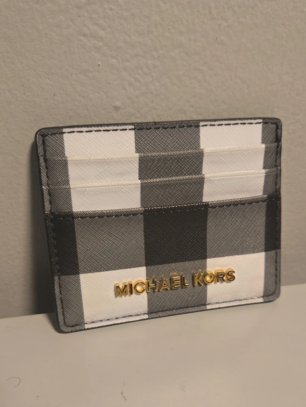 Michael Kors Black and White Check Card Case with Gold Logo